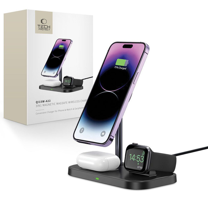 ŁADOWARKA TECH-PROTECT QI15W A22 3IN1 MAGNETIC MAGSAFE WIRELESS CHARGER BLACK