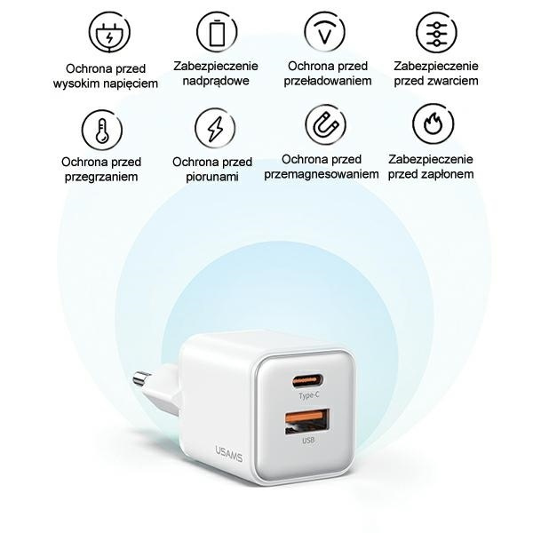 USAMS Ład. siec. 1xUSB+1xUSB-C PD30W 3A (only head) PD3.0 Fast Charging biały/white X-ron Series CC189TC02 (US-CC189)