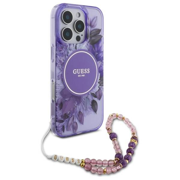 Etui Guess iPhone 16 Pro 6.3" fioletowy/purple hardcase IML Flowers With Pearl Strap MagSafe