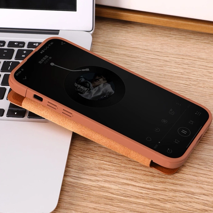 Skórzane etui z klapką osłoną aparatu do iPhone 15 Pro Max Nillkin Qin Pro Leather - brązowe