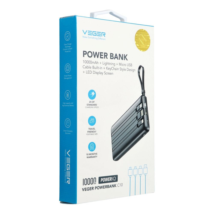 VEGER powerbank 10 000 mAh z wbudowanymi kablami Micro USB / Typ C / Lightning C10 (W1116) czarny