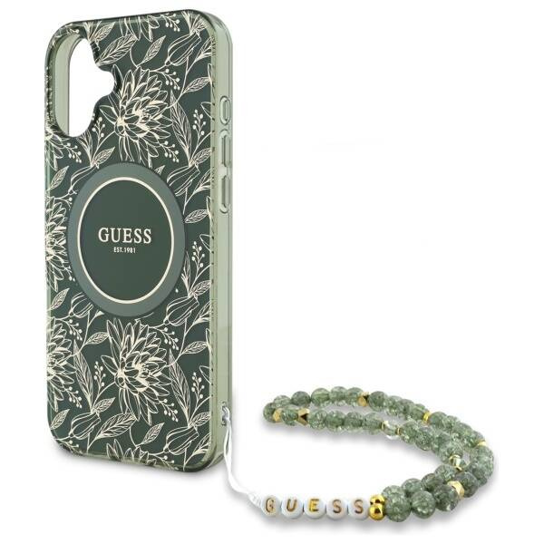 Etui Guess iPhone 16 6.1" zielony/green hardcase IML Flowers Allover Electro With Pearl Strap MagSafe