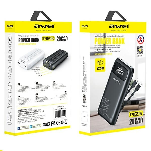 AWEI PowerBank P169K 20000mAh 22.5W czarny/black wyświetlacz + kable PD/Lightning