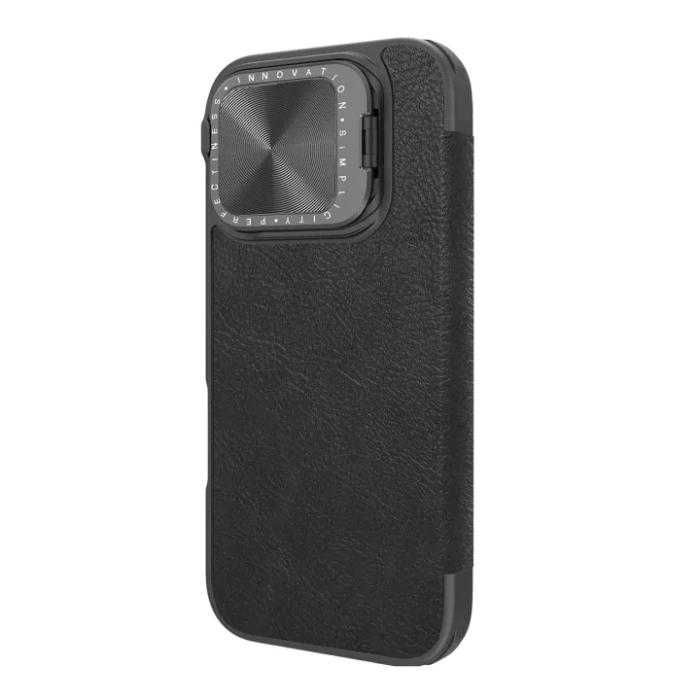 Etui Nillkin Qin Prop Leather Case z osłoną na aparat i podstawką na iPhone 16 Pro czarne (L)