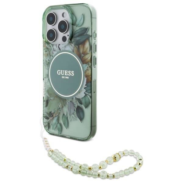 Etui Guess iPhone 16Pro Max 6.9" zielony/green hardcase IML Flowers With Pearl Strap MagSafe