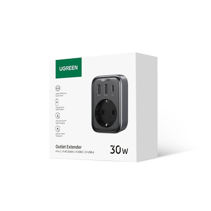 Ładowarka sieciowa 30W (2xUSB/USB C/AC) / adapter EU - EU 13A Ugreen CD314 - czarna