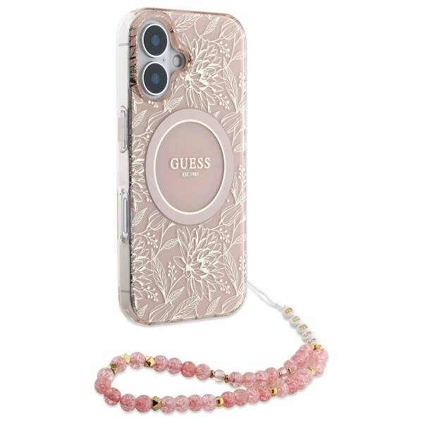 Etui Guess iPhone 16 6.1" różowy/pink hardcase IML Flowers Allover Electro With Pearl Strap MagSafe