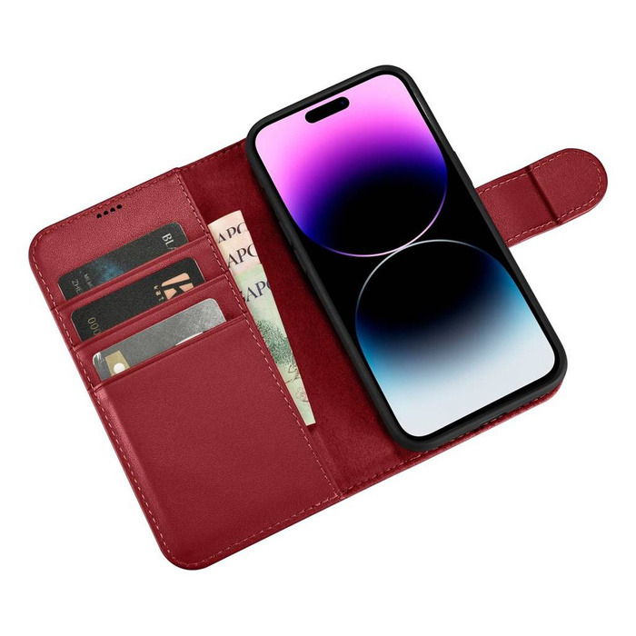 iCarer Wallet Case 2in1 etui iPhone 14 Pro Max skórzany pokrowiec z klapką Anti-RFID czerwony (WMI14220728-RD)