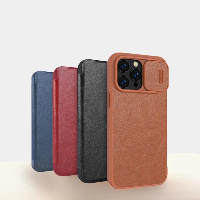 Nillkin Qin Leather Pro Case etui iPhone 14 Pro osłona na aparat kabura pokrowiec obudowa z klapką brązowy