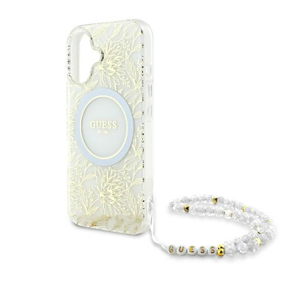 Etui Guess iPhone 16 6.1" biały/white hardcase IML Flowers Allover Electro With Pearl Strap MagSafe