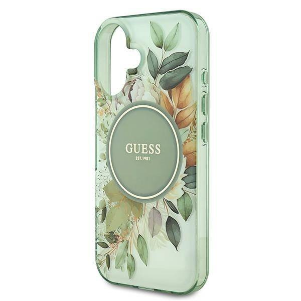 Etui Guess iPhone 16 6.1" zielony/green hardcase IML Flower & Tonal Circle MagSafe