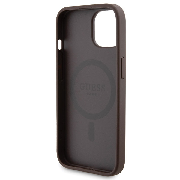 Zestaw Guess GUBPM5P15S4GEMGW iPhone 15 6.1" hardcase + Powerbank 5000mAh MagSafe brązowy/brown 4G Metal Logo