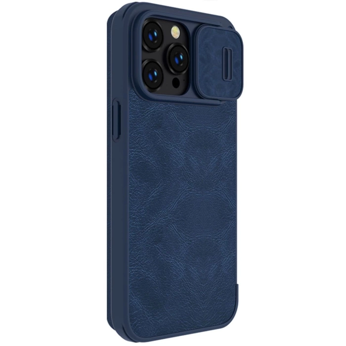 Nillkin Qin Leather Pro Case etui iPhone 14 Pro Max osłona na aparat kabura pokrowiec obudowa z klapką niebieski