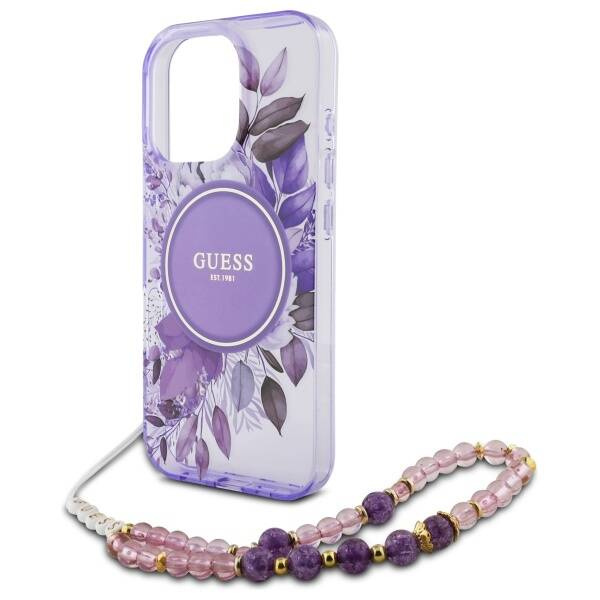 Etui Guess iPhone 16 Pro 6.3" fioletowy/purple hardcase IML Flowers With Pearl Strap MagSafe