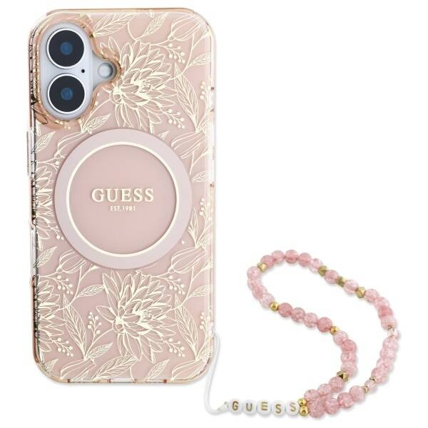 Etui Guess iPhone 16 6.1" różowy/pink hardcase IML Flowers Allover Electro With Pearl Strap MagSafe