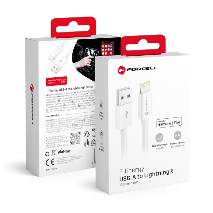 FORCELL F-ENERGY C703 kabel USB A do Lightning MFi 2,4A 12W 1 m biały