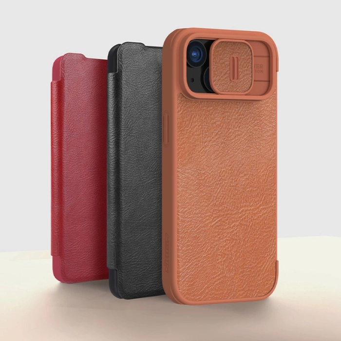 Skórzane etui z klapką osłoną aparatu do iPhone 15 Pro Max Nillkin Qin Pro Leather - brązowe