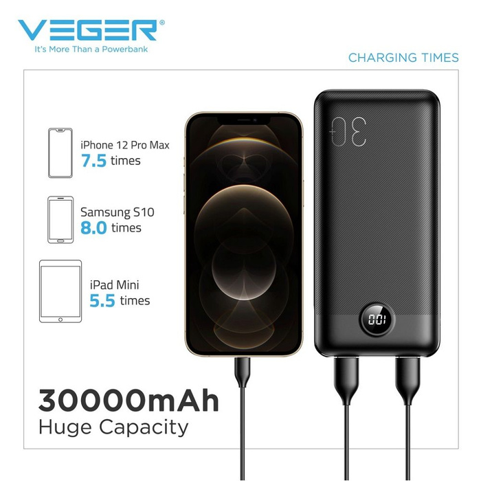 VEGER powerbank 30000 mAh PD QC3.0 3A 20W L30 (W3008PD) czarny