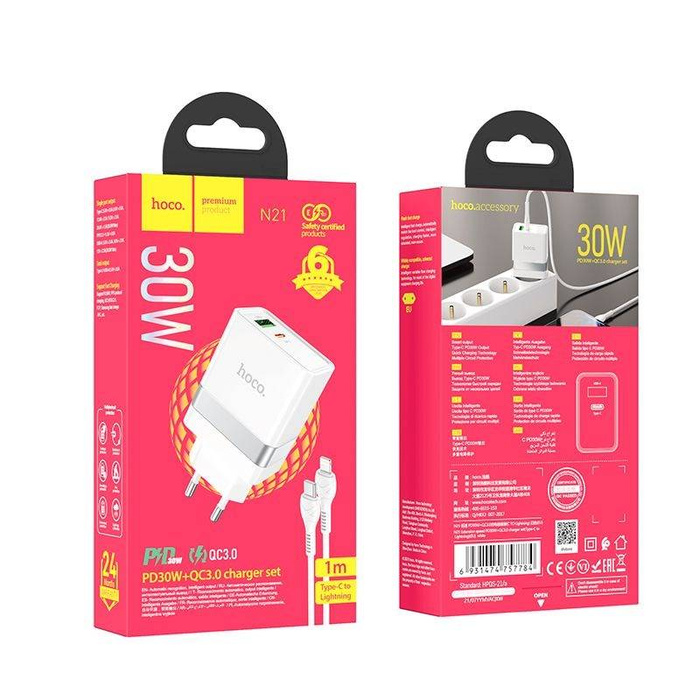 HOCO ładowarka sieciowa Typ C + USB QC3.0 z kablem do iPhone Lightning 8-pin Power Delivery 30W Starter N21 biała