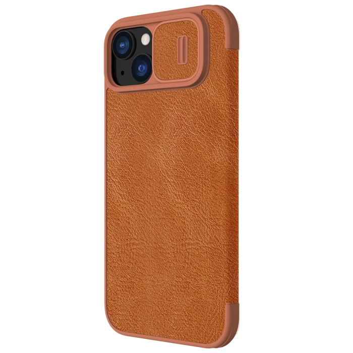 Skórzane etui z klapką osłoną aparatu do iPhone 15 Plus Nillkin Qin Pro Leather - brązowe