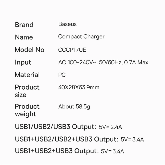 Baseus Compact ładowarka sieciowa 3x USB 17W czarny (CCXJ020101)