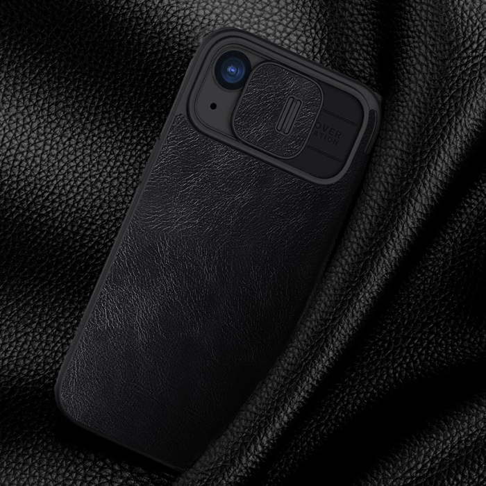 Skórzane etui z klapką osłoną aparatu do iPhone 15 Pro Max Nillkin Qin Pro Leather - brązowe