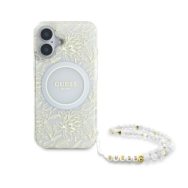 Etui Guess iPhone 16 6.1" biały/white hardcase IML Flowers Allover Electro With Pearl Strap MagSafe