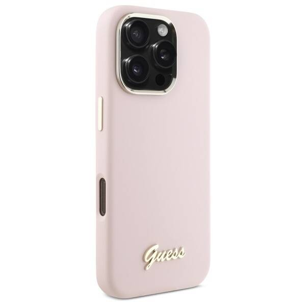 Etui Guess iPhone 16 Pro różowy/pink hardcase Silicone Script Metal Logo & Frame