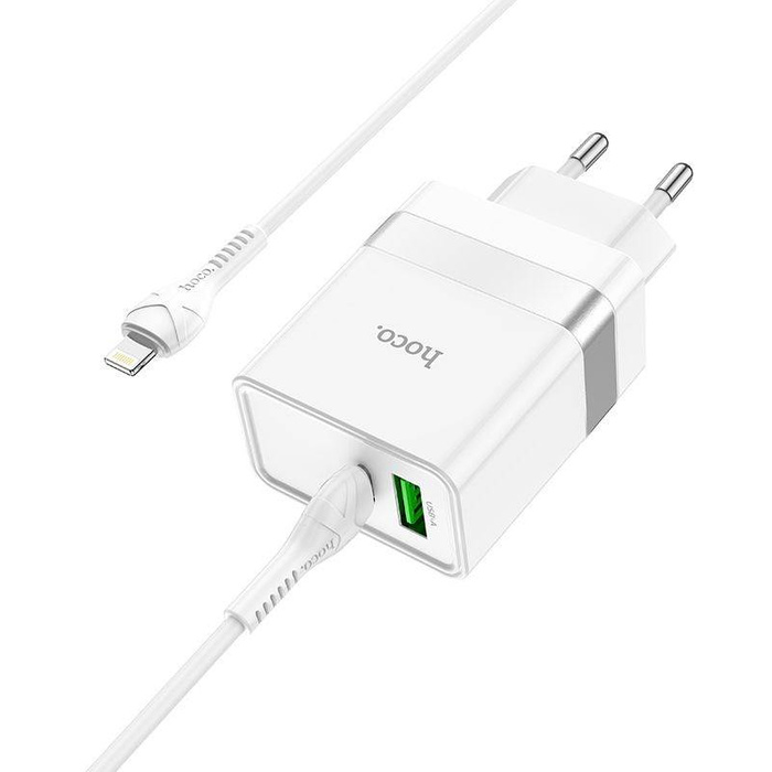 HOCO ładowarka sieciowa Typ C + USB QC3.0 z kablem do iPhone Lightning 8-pin Power Delivery 30W Starter N21 biała