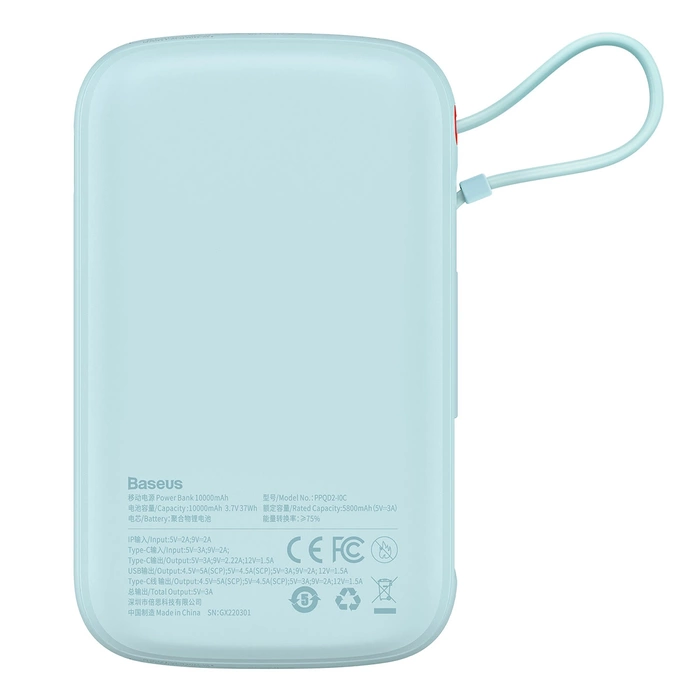 [PO ZWROCIE] Baseus Qpow powerbank 10000mAh wbudowany kabel USB Typu C 22.5W Quick Charge SCP AFC FCP niebieski (PPQD020103)