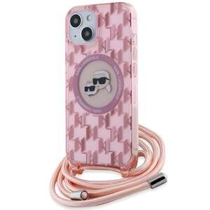 Etui Karl Lagerfeld KLHMP15SHCKCKLCP iPhone 15 / 14 / 13  6.1" różowy/pink hardcase IML Crossbody Monogram Karl & Choupette Head MagSafe