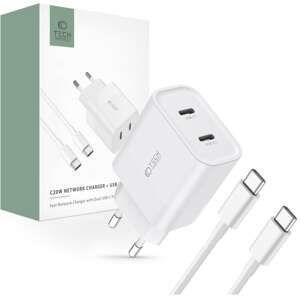 ŁADOWARKA TECH-PROTECT C20W 2-PORT NETWORK CHARGER PD20W + USB-C CABLE WHITE