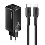 Ładowarka Sieciowa USAMS 2xUSB-C USB-A GaN 65W MT PD Kabel USB-C Apple Lightning 30W Fast Charging MTXLOGTL01 Czarny