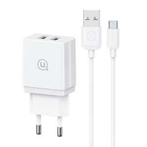 USAMS Ład. siec. 2xUSB-A + kabel Micro/ USB-A Fast Charging biały/white series HC HCXLTZ02