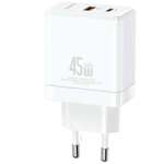 USAMS Ład. siec. 1xUSB-C+1xUSB 45W (only head) GaN PD3.0 +QC3.0 Fast Charging biały/white CC178TC02 (US-CC178)