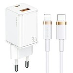 USAMS Ład. siec. 1xUSB-C+1xUSB T43 33W PD3.0 +QC3.0  + kabel U63 USB-C na lightning biały/white USKTZ02