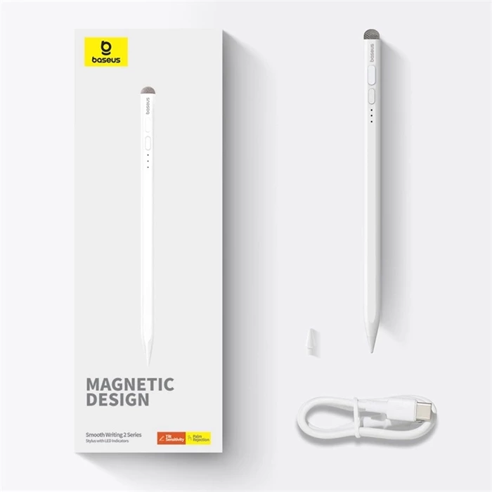 [PO ZWROCIE] Aktywny rysik stylus Baseus Smooth Writing 2 ze wskaźnikiem LED + kabel USB-C / wymienna końcówka - biały