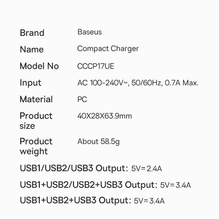 [PO ZWROCIE] Baseus Compact ładowarka sieciowa 3x USB 17W biały (CCXJ020102)