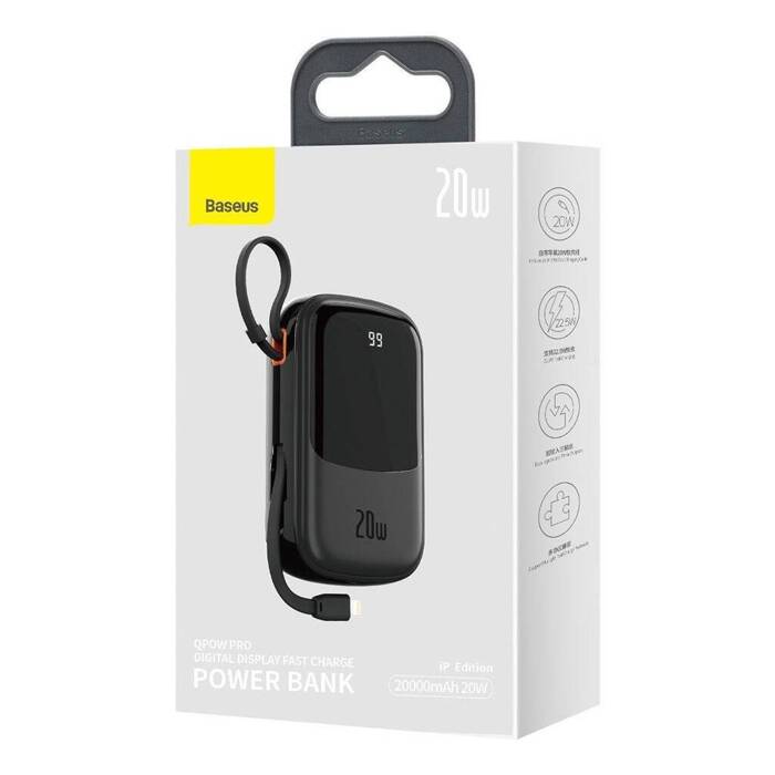 [PO ZWROCIE] Baseus Qpow Digital Display powerbank z szybkim ładowaniem 20000mAh 20W QC/PD/SCP/FCP z wbudowanym kablem Lightning czarny