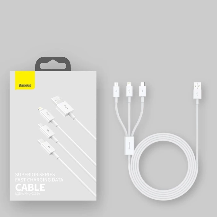 [PO ZWROCIE] Baseus Superior 3w1 kabel USB - Lightning / USB Typ C / micro USB 3,5 A 1,5 m Biały (CAMLTYS-02)