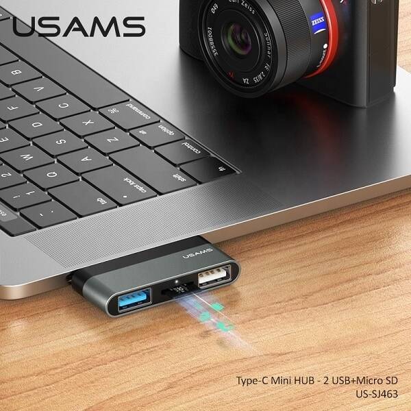 Adapter USAMS USB-C Mini HUB 2xUSB Micro SD SJ463HUB01 US-SJ463 Szary