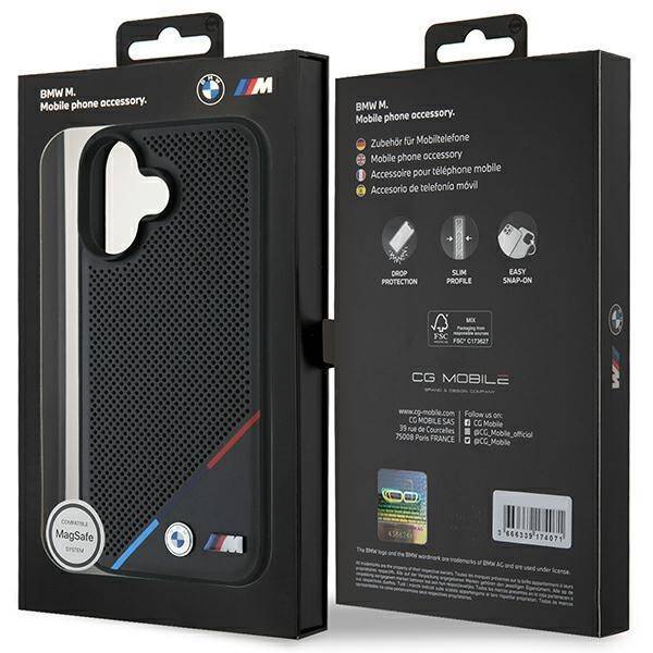 BMW BMHMP16S23PUPDK iPhone 16 6.1" czarny/black hardcase M Perforated Tricolor Line MagSafe