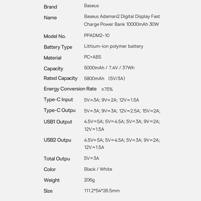 Baseus Adaman2 powerbank z wyświetlaczem cyfrowym 10000mAh 30W 2 x USB / 1x USB Typ C Overseas Edition PD QC SCP czarny (PPAD040101)