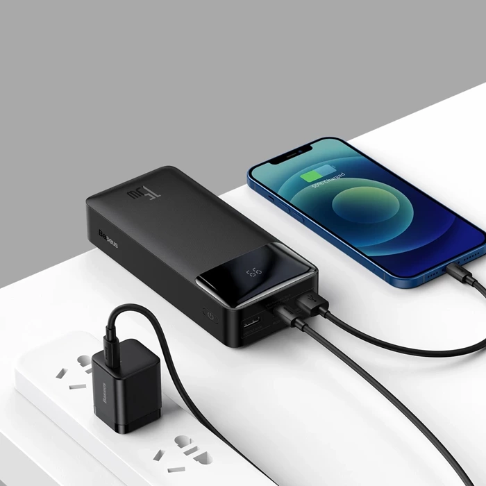 Baseus Bipow powerbank z wyświetlaczem 30000mAh 15W czarny (Overseas Edition) + kabel USB-A - Micro USB 0.25m czarny (PPBD050201)