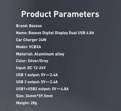 Baseus ładowarka samochodowa 2x USB 4,8A 24W z LCD + kabel 3w1 USB - USB Typ C / micro USB / Lightning 1,2m czarny