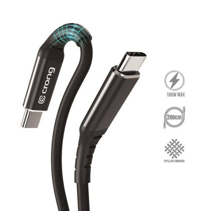 Crong Armor Link - Kabel 100W 5A USB-C do USB-C w oplocie 200cm (czarny)