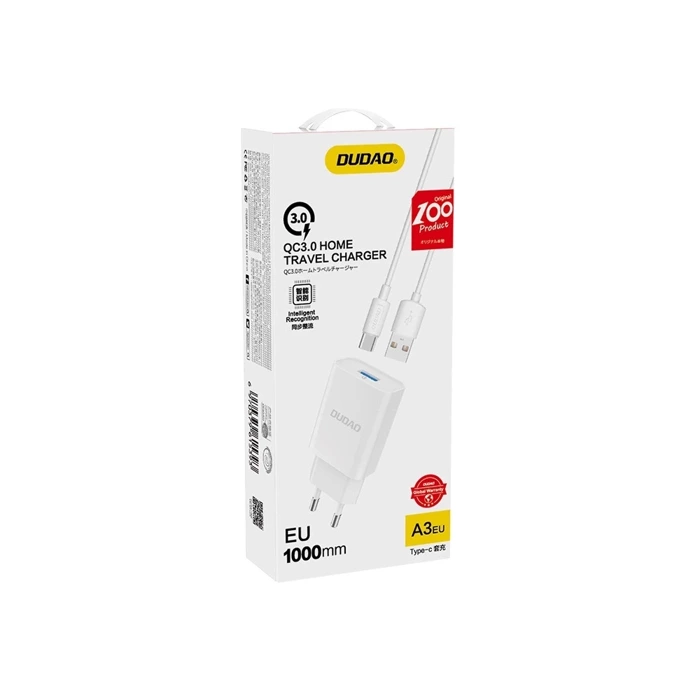 Dudao ładowarka sieciowa EU USB 5V/2.4A QC3.0 Quick Charge 3.0 + kabel przewód USB Typ C biały (A3EU + Type-c white)