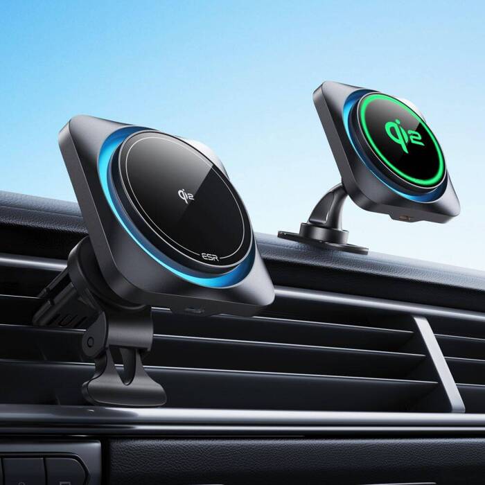 ESR HALOLOCK CRYOBOOST MAGNETIC MAGSAFE DASHBOARD & VENT CAR MOUNT WIRELESS CHARGER QI2 15W FROSTED ONYX