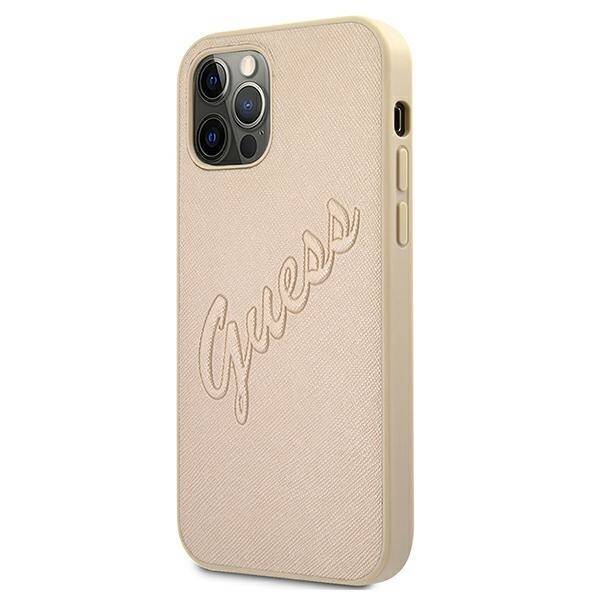 Etui GUESS Apple iPhone 12 12 Pro Saffiano Vintage Script Złoty Hardcase