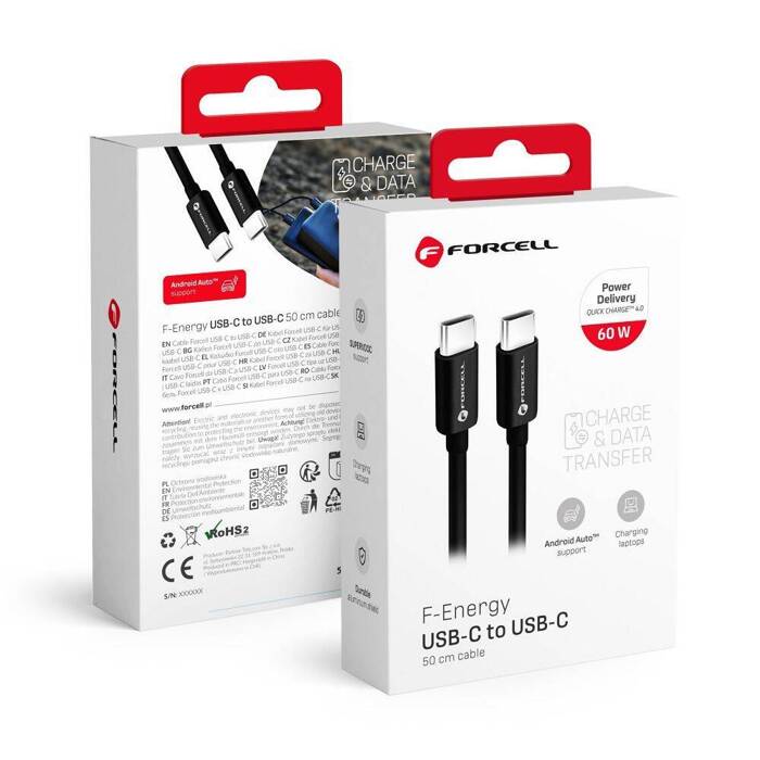 FORCELL F-ENERGY C338 kabel Typ C do Typ C PD QC4.0 3A 60W 0,5 m czarny